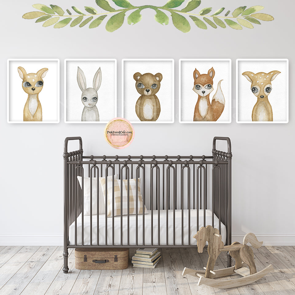 5 Scandinavian Woodland Animal Wall Art Print Watercolor Ethereal Baby Nursery Deer Bear Fox Bunny Exclusive Printable Decor