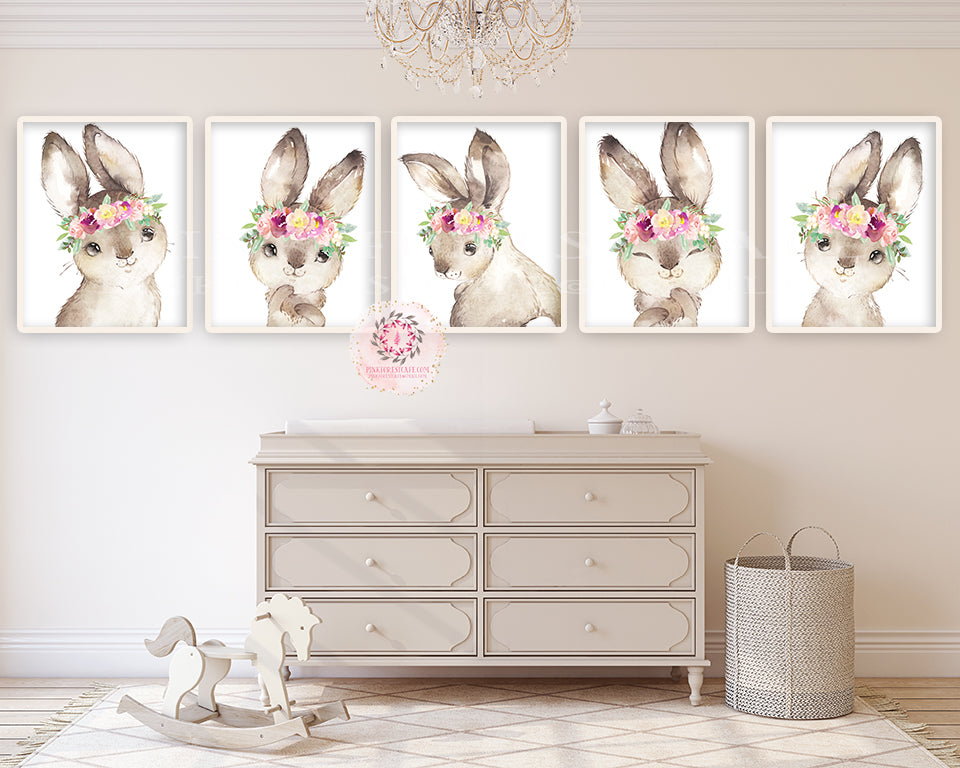 5 Boho Bunny Rabbit Wall Art Print Woodland Purple Nursery Baby Girl R ...