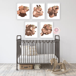 5 Boho Fox Bear Deer Bunny Wall Art Print Woodland Nursery Baby Girl Room Set Prints Printable Decor