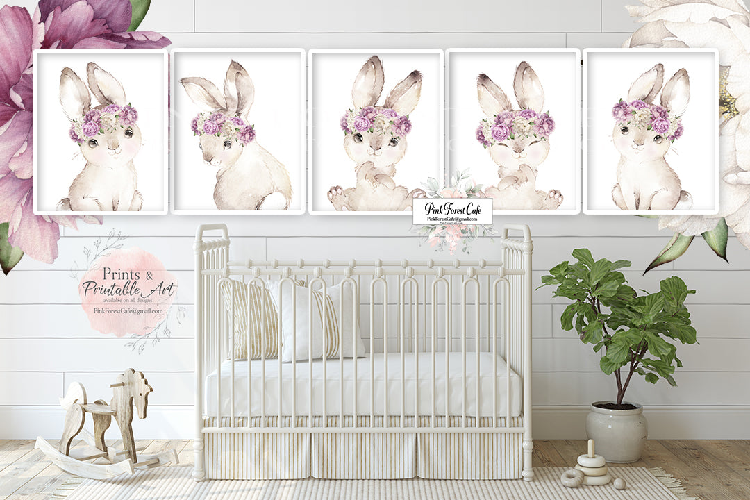 5 Boho Bunny Rabbit Wall Art Print Purple Peony Woodland Nursery Baby ...