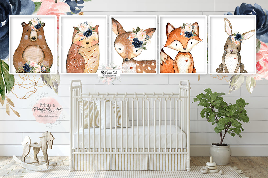 5 Bear Bunny Deer Fox Wall Art Print Woodland Boho Navy Blush Floral Nursery Baby Girl Room Prints Printable Decor