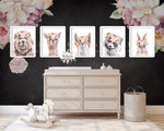 5 Boho Bear Bunny Fox Llama Alpaca Wall Art Print Nursery Baby Girl Room Mauve Peony Floral Bohemian Watercolor Printable Decor