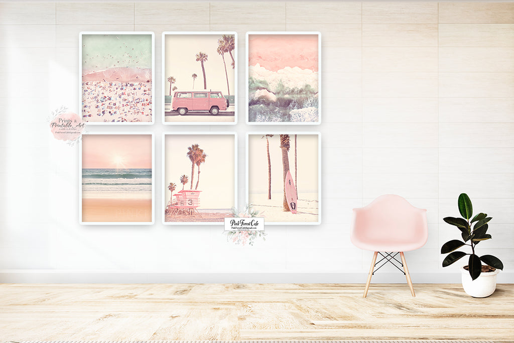 6 Pink Van Beach Palm Tree Surfboard Wall Art Print Bedroom Beachy Vintage Retro Vibe Printable Gallery Decor