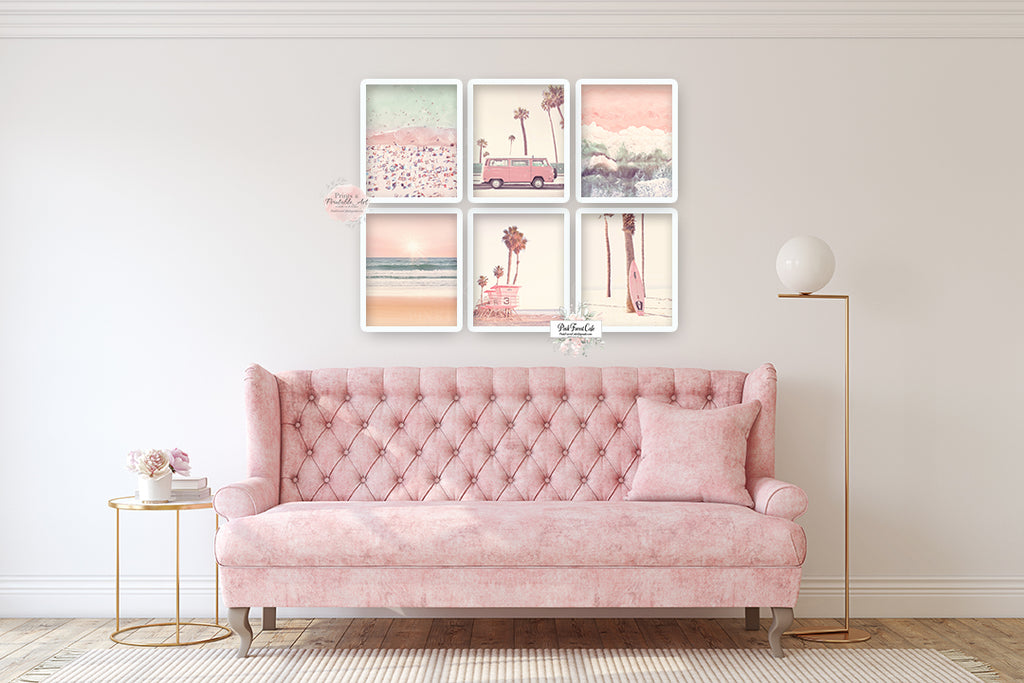6 Pink VW Van Beach Palm Tree Surfboard Wall Art Print Bedroom Beachy Vintage Retro Vibe Printable Gallery Decor