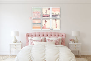 6 Pink Van Beach Palm Tree Surfboard Wall Art Print Bedroom Beachy Vintage Retro Vibe Printable Gallery Decor