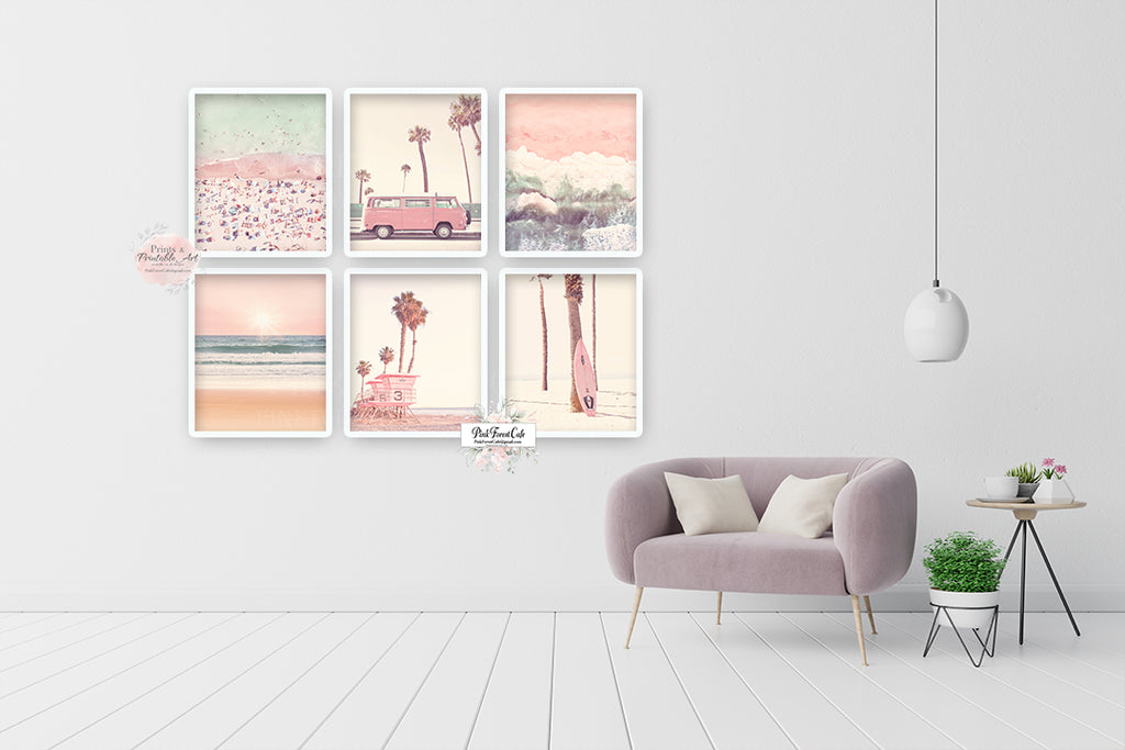 6 Pink VW Van Beach Palm Tree Surfboard Wall Art Print Bedroom Beachy Vintage Retro Vibe Printable Gallery Decor