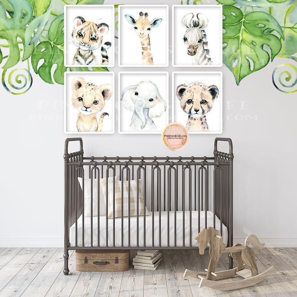 6 Boho Lion Elephant Giraffe Wall Art Print Blush Nursery Zoo Baby Room Safari Watercolor Lot Set Printable Decor