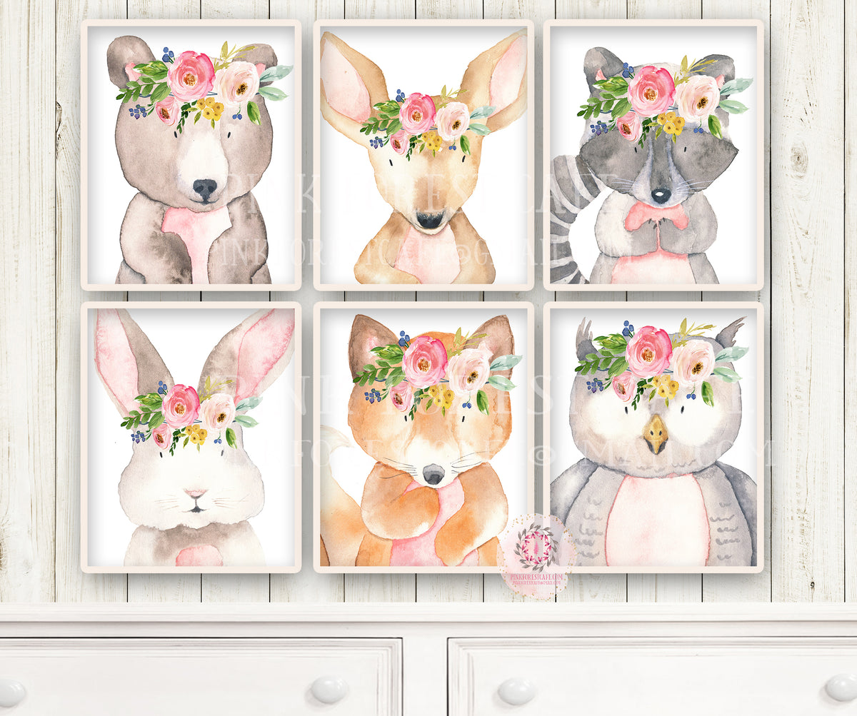 6 Deer Fox Bunny Rabbit Bear Owl Raccoon Boho Wall Art Print Woodland ...