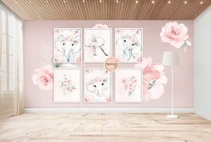 6 Boho Pink Blush Peony Elephant Wall Art Print Baby Girl Name Initial Monogram Nursery Room Floral Bohemian Watercolor Printable Decor