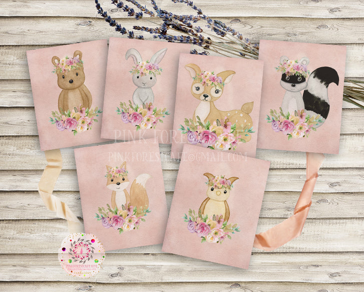 6 Boho Woodland Fox Deer Bunny Bear Wall Art Print Baby Girl Blush Eth ...