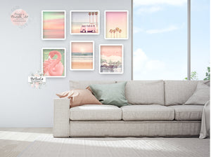 6 Pink Ocean + Beach Palm Tree Van Flamingo Wall Art Print Bedroom Beachy Vintage Retro Vibe Printable Gallery Decor