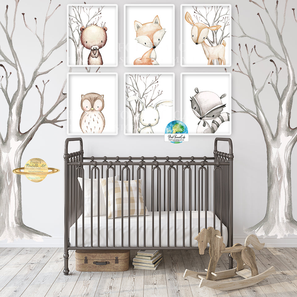 SALE 6 Deer Fox Bunny Rabbit Bear Owl Raccoon Wall Art Print Woodland Nursery Baby Room Set Lot Prints Printable Decor