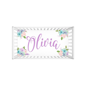 OLIVIA Purple Boho Feather Peony Baby Crib Sheet Girl Nursery Bedding Peonies Watercolor