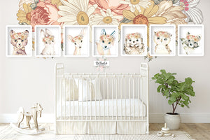 SALE 7 Bear Bunny Deer Fox Hedgehog Wall Art Woodland Boho Vintage Floral Nursery Baby Girl Room Prints Printable Decor