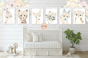 6 Woodland Animal Bear Deer Nursery Wall Art Print Set Boho Prints Blush Floral Baby Room Decor