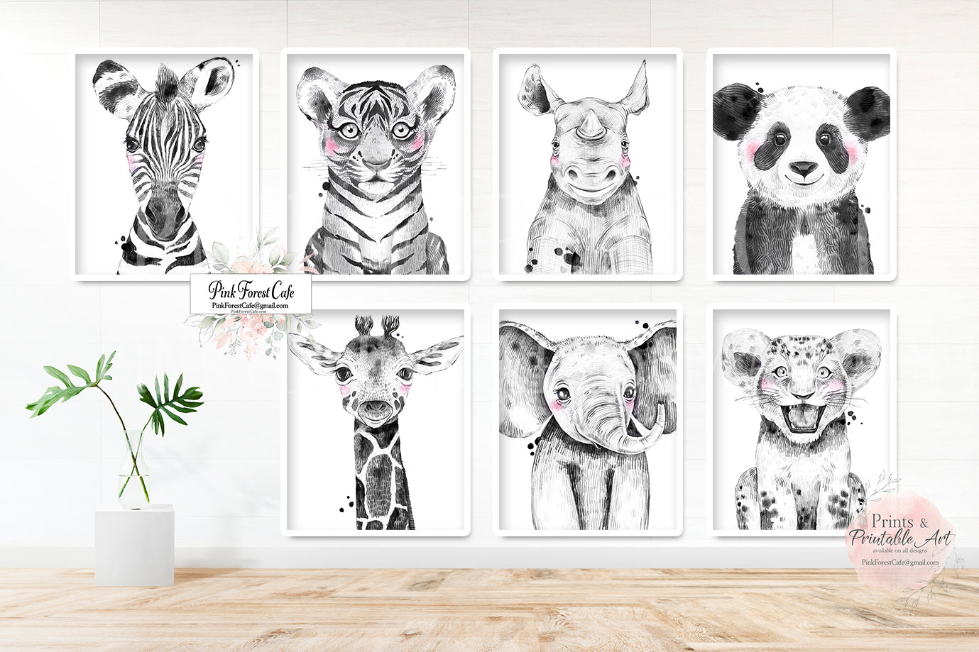 7 Black White Giraffe Jungle Safari Animals Zoo Set Art Prints Printable Decor