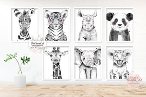 7 Black White Giraffe Jungle Safari Animals Zoo Set Art Prints Printable Decor