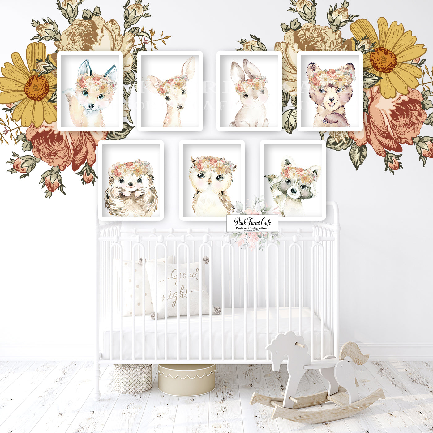 7 Vintage Floral Bear Bunny Deer Fox Hedgehog Wall Art Print Woodland Boho Nursery Baby Girl Room Prints Printable Decor