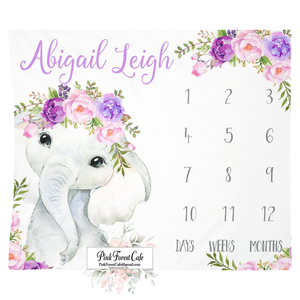 Milestone Personalized Blanket Elephant Purple Peonies Baby Girl Month Monthly Infant Growth Watercolor Peony Photo Prop