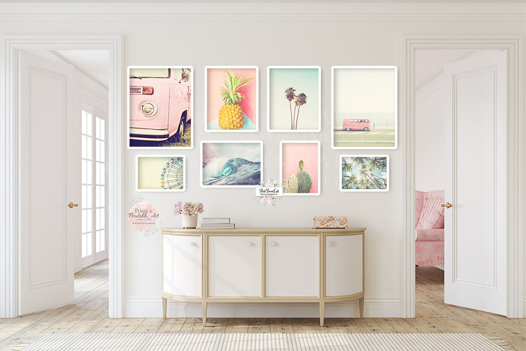 8 Pink Van Beach Palm Tree Pineapple Wall Art Print Bedroom Beachy Vintage Retro Vibe Printable Gallery Decor