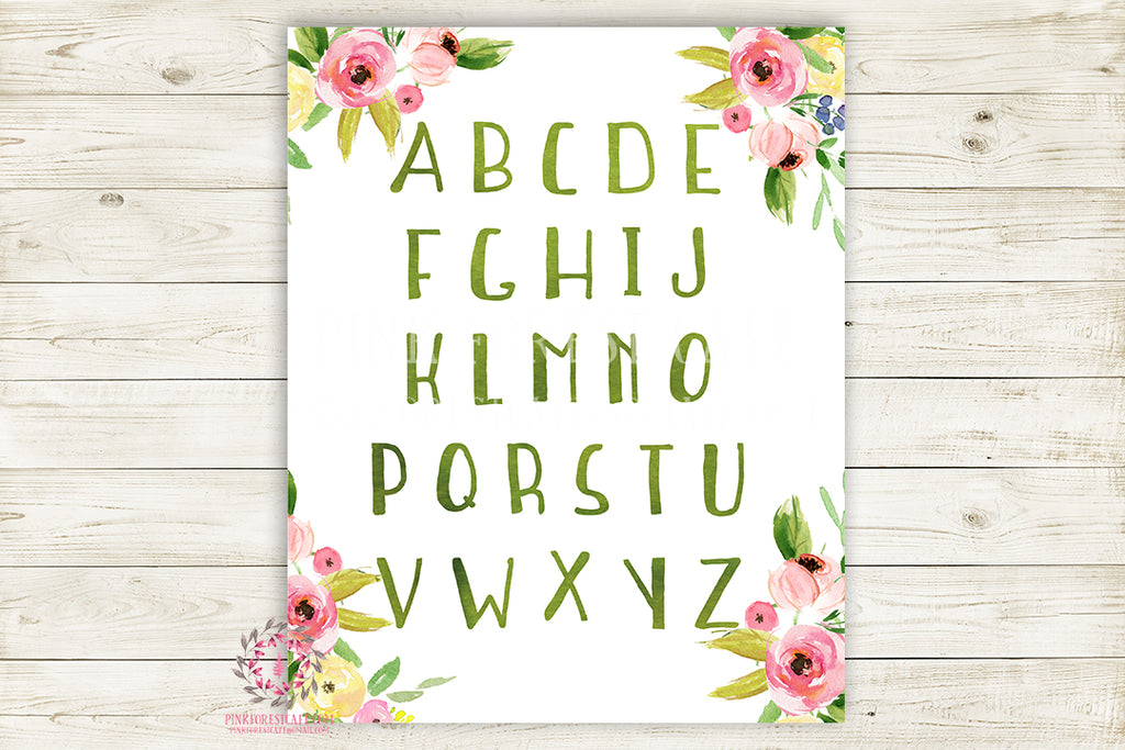 ABC Boho Floral Sampler Alphabet Wall Art Print Baby Girl Room Nursery Pink Watercolor Decor