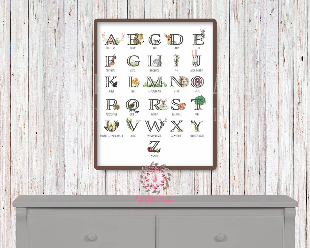 ABC Alphabet Sampler Art Print Decor Woodland Boho Bohemian Baby Room Kids Bedroom