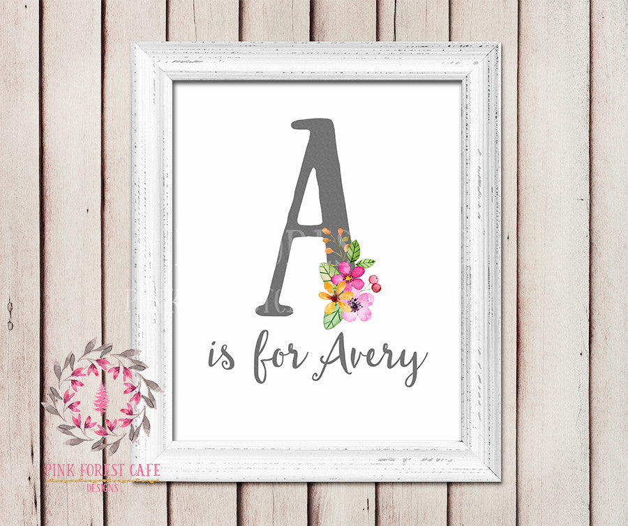Baby Monogram Name Initial Wall Art Print Personalized Birth Announcement Gift Watercolor Woodland Watercolor Floral Rustic Baby Nursery Printable Decor