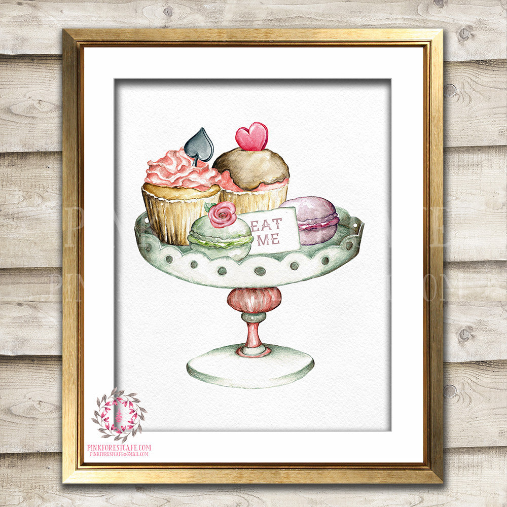 Alice In Wonderland Boho Tea Party Cake Cupcake Tray Nursery Baby Girl Watercolor Room Printable Print Wall Art Home Decor