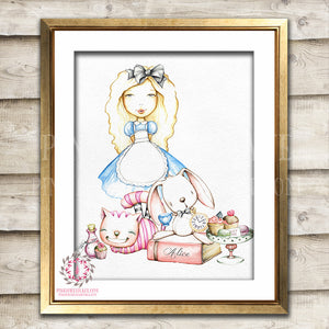 SALE Alice In Wonderland Rabbit Cheshire Cat Boho Nursery Baby Girl Watercolor Room Printable Print Wall Art Home Decor