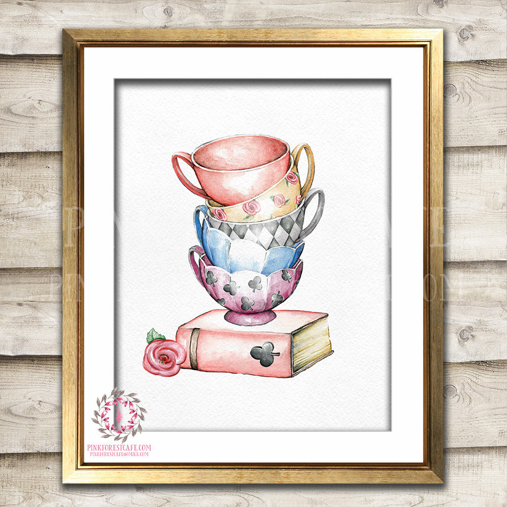 Alice In Wonderland Boho Tea Party Teacups Nursery Baby Girl Watercolor Room Printable Print Wall Art Home Decor