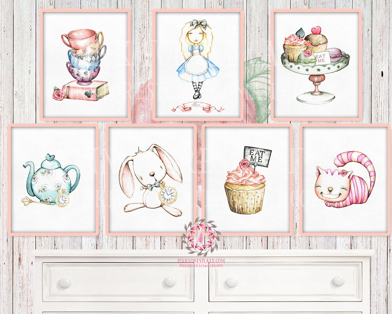 SALE 7 Alice In Wonderland Wall Art Print Rabbit Cheshire Cat Boho Tea Party Nursery Baby Girl Watercolor Room Printable Decor