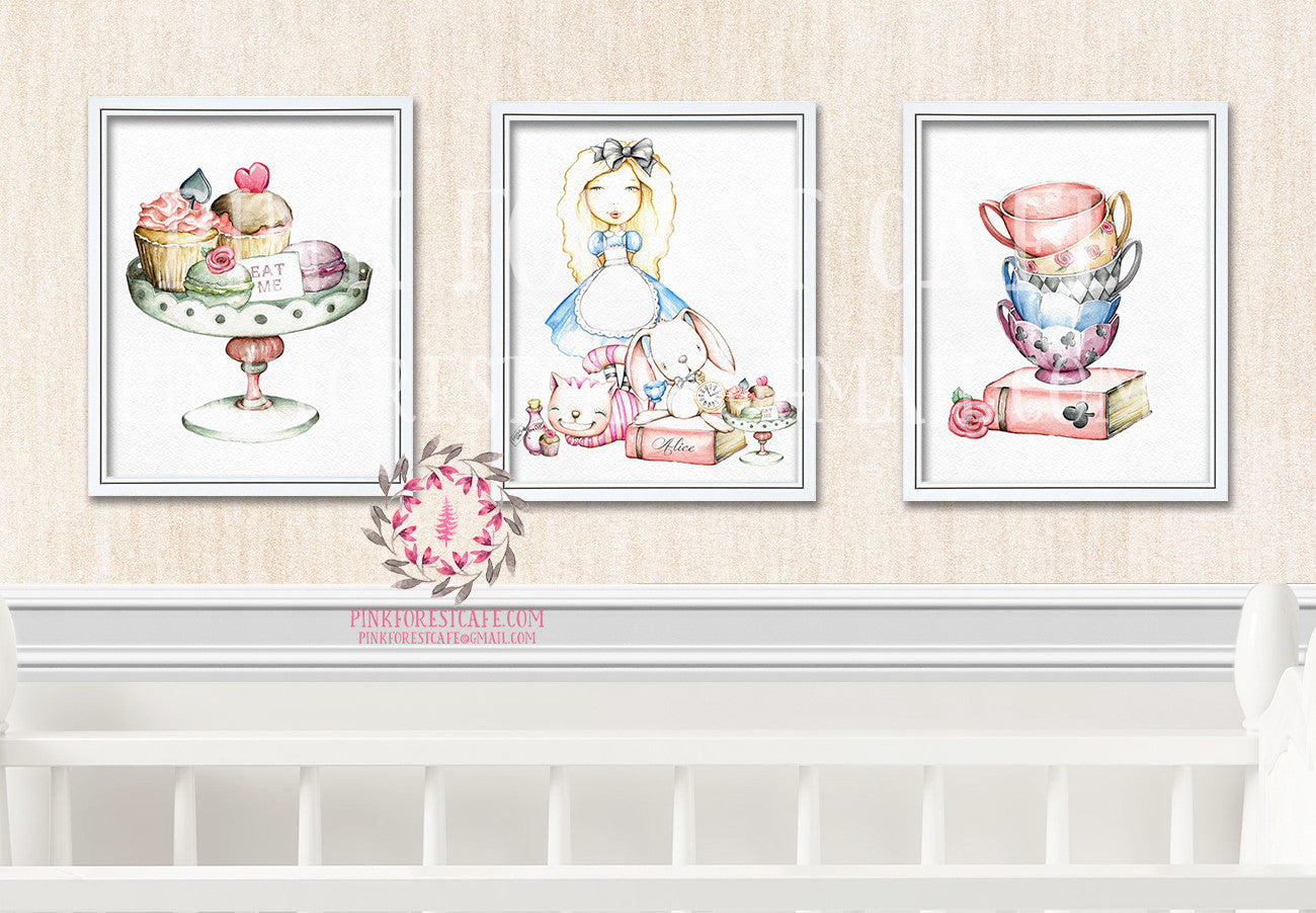 Alice In Wonderland Rabbit Cheshire Cat Boho Tea Party Nursery Baby Girl Watercolor Room Printable Print Wall Art Home Decor