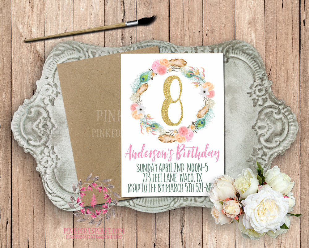 Boho Bohemian Birthday Party Baby Bridal Shower Printable Invitation Invite