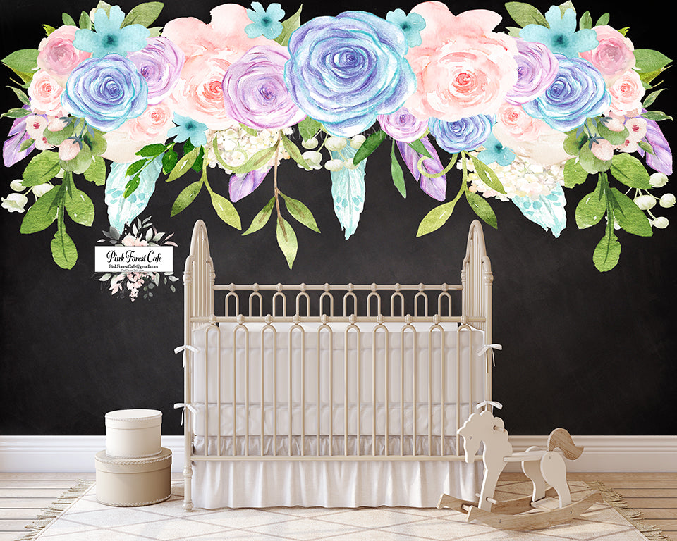 90" Blue Purple Feather Peony Floral Wall Decal Turquoise Flower Stick ...