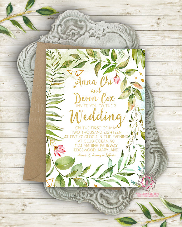 Watercolor Greenery Wedding Ethereal Gold Invite Invitation Geometric Floral Bridal Shower Save The Date Botanical Leaves Printable Announcement