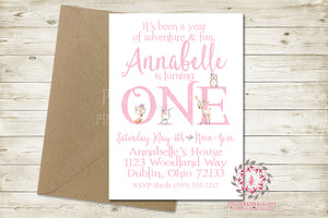 Woodland Boho 1st First Birthday Baby Girl Birthday Party Invite Invitation Tribal Feather Deer Bunny Fox Owl Watercolor Floral Printable