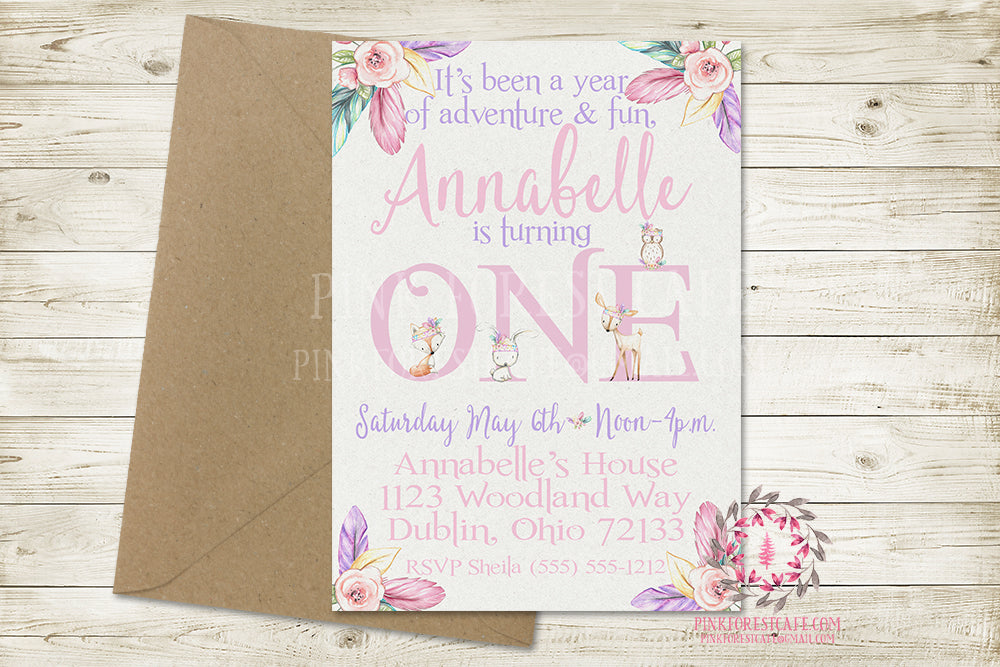 Woodland Boho 1st First Birthday Baby Girl Birthday Party Invite Invitation Tribal Feather Deer Bunny Fox Owl Watercolor Floral Printable