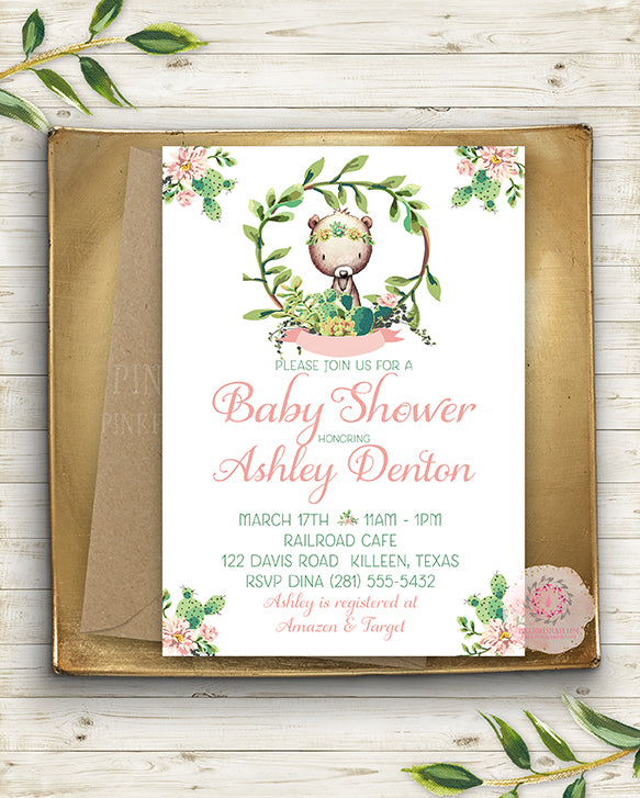 Cactus Succulent Woodland Bear Invite Invitation Baby Shower Boho Floral Watercolor Birthday Party Printable