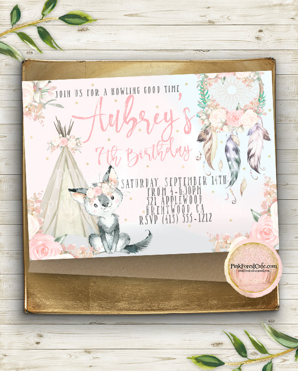 Boho Wolf Dreamcatcher Invite Invitation Birthday Party Baby Shower Floral Teepee Watercolor Birth Announcement Printable