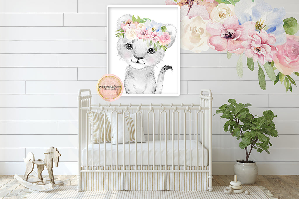 Boho Blush Peony Lion Wall Art Print Baby Girl Nursery Room Floral Bohemian Watercolor Printable Decor