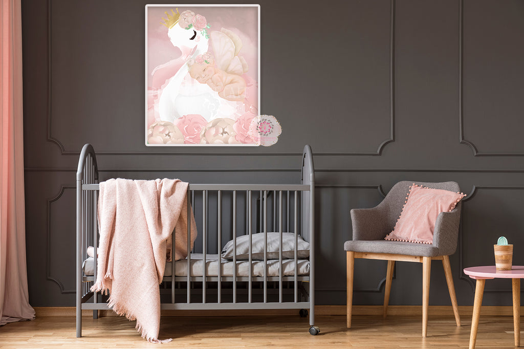 Boho Swan Baby Girl Fairy Nursery Wall Art Print Ethereal Pink Blush Peonies Whimsical Floral Printable Peony Decor