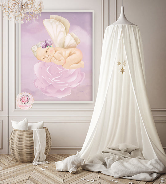 Boho Baby Girl Fairy Nursery Wall Art Print Ethereal Purple Lavender Peonies Whimsical Floral Printable Peony Decor