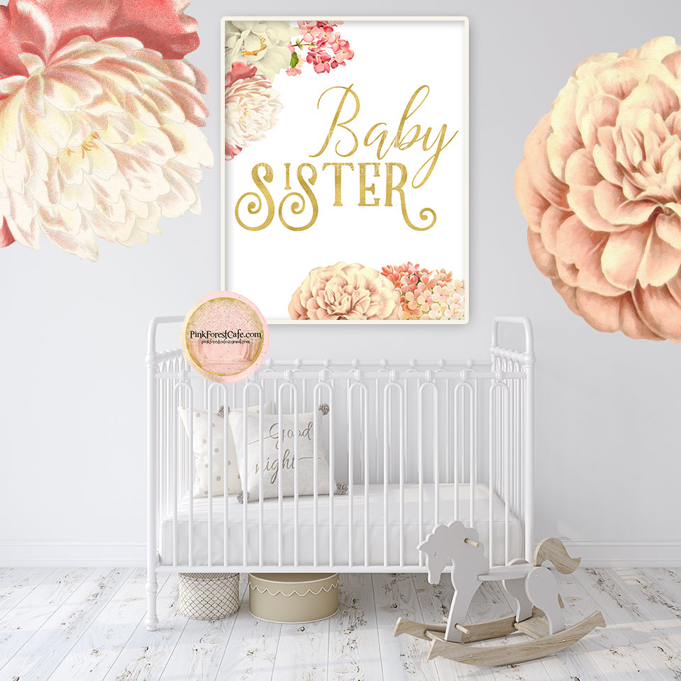 Boho Baby Little Sister Wall Art Print Girl Gold Peony Floral Chic Nursery Printable Decor