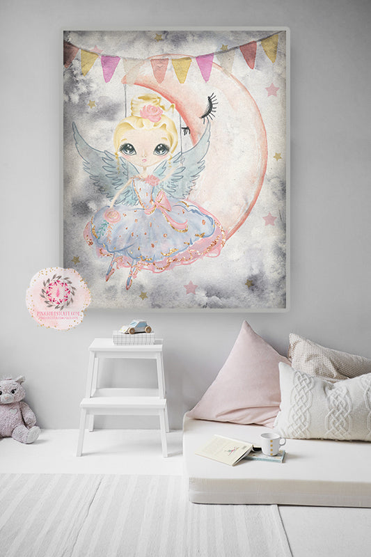 Ballerina Swing Moon Baby Girl Nursery Wall Art Print Ethereal Ballet Dancer Whimsical Bohemian Printable Decor