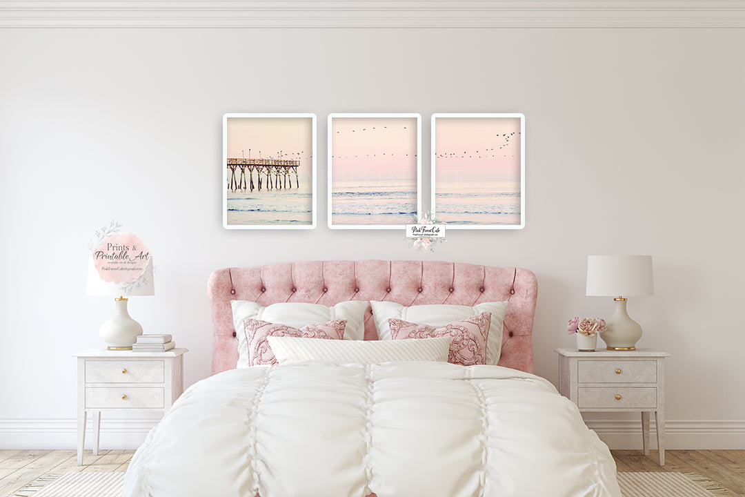 3 Pink Sunset Beach Pier Wall Art Print Bedroom Beachy Vintage Retro Vibe Printable Gallery Decor