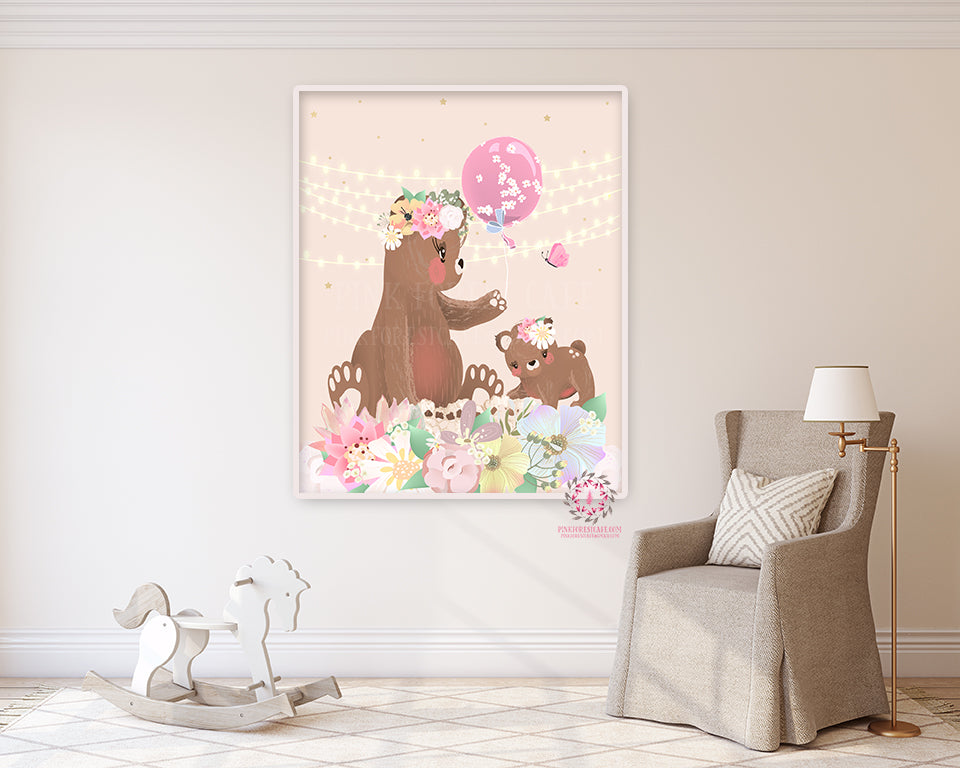 Boho Ethereal Bear Baby Girl Nursery Wall Art Woodland Print Floral Pi ...