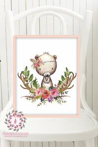 Bear Woodland Boho Printable Print Wall Art Baby Nursery Feather Antlers Watercolor Bohemian Floral Girl Room Decor