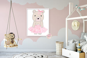 Exclusive Boho Woodland Ballerina Bear Wall Art Print Watercolor Baby Girl Nursery Printable Decor