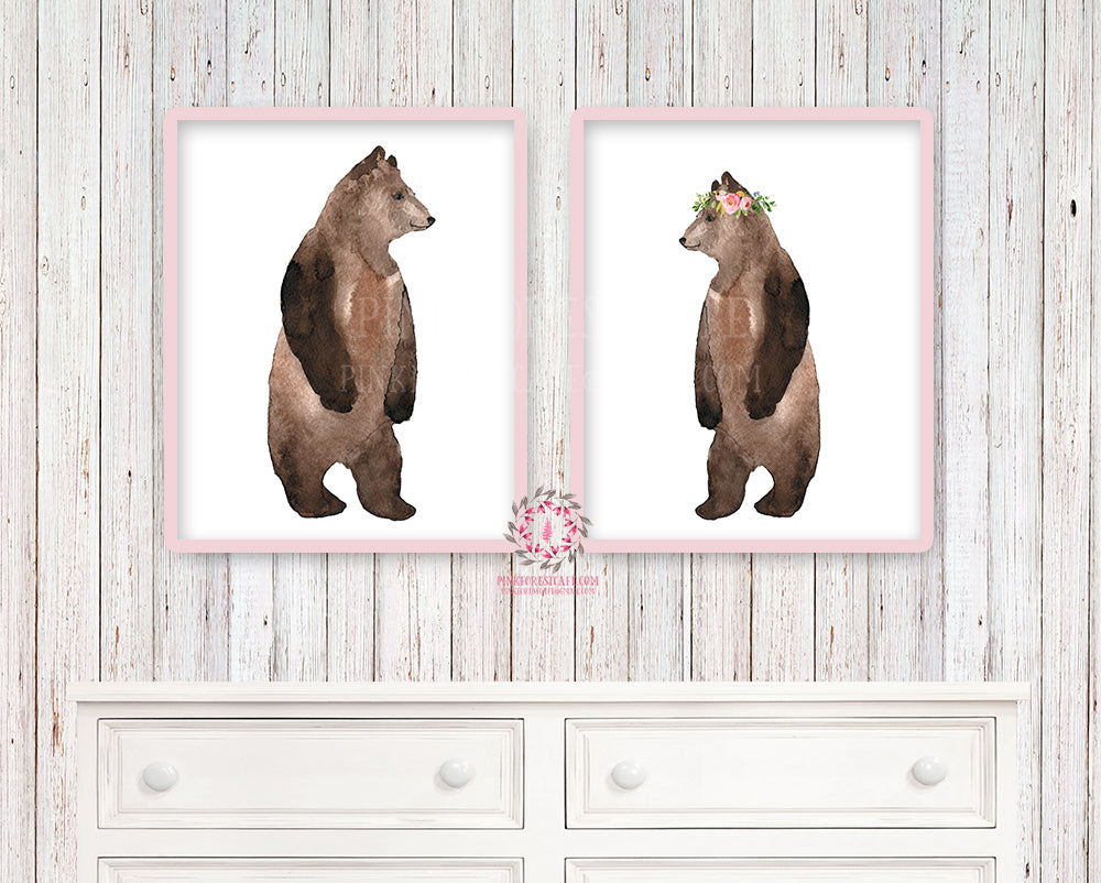 Bear Duo Printable Print Wall Art Woodland Boho Nursery Baby Girl Bohemian Floral Bedroom Set Lot Prints Decor