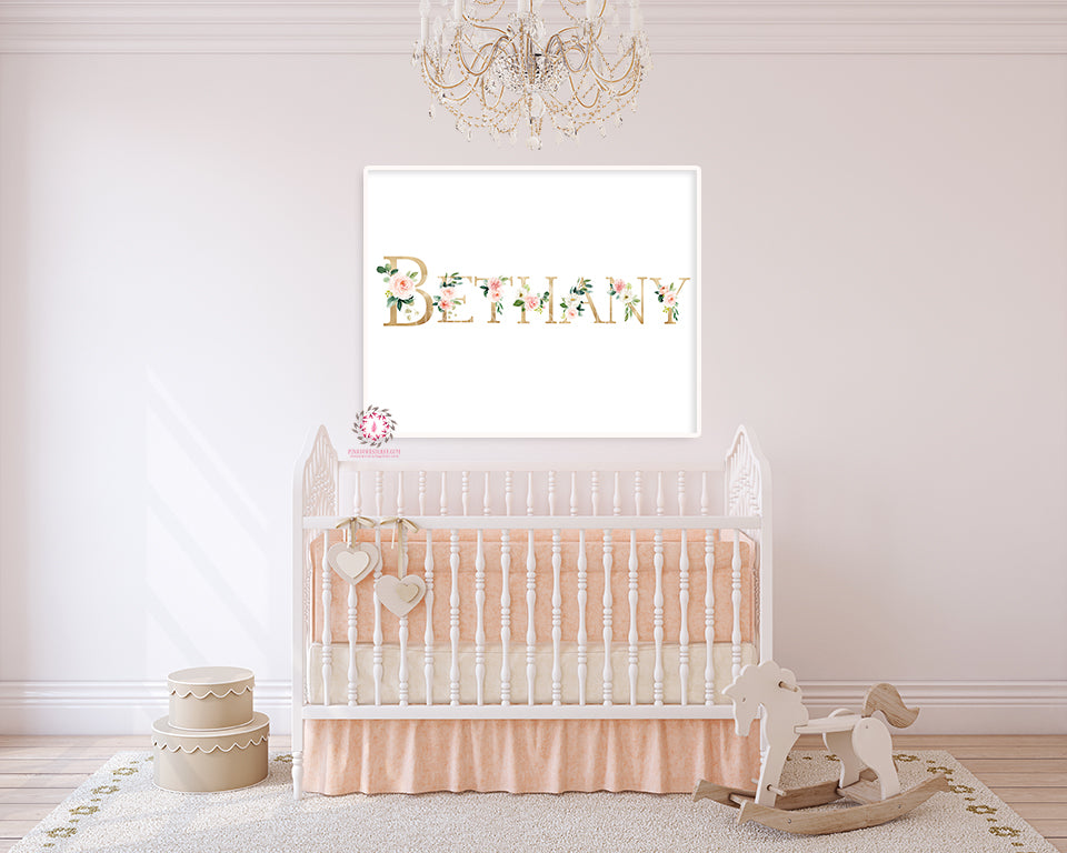 Baby Name Blush Gold Personalized Wall Art Print Nursery Floral Watercolor Printable Decor